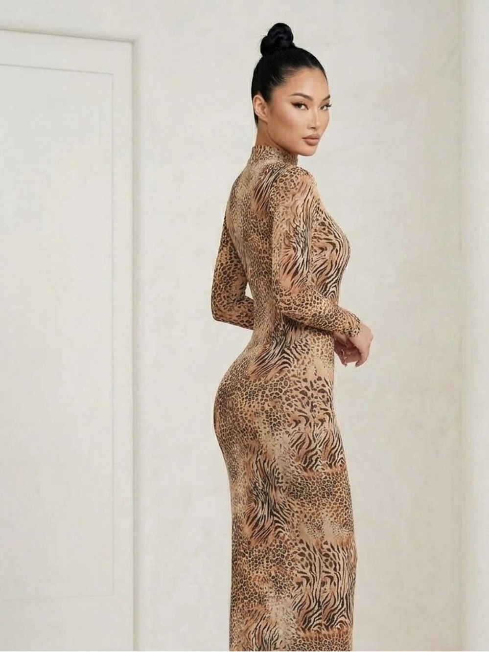 NWT SKIMS Milky Sheer Mock Neck LS Long Dress Sand Multi Animal Small